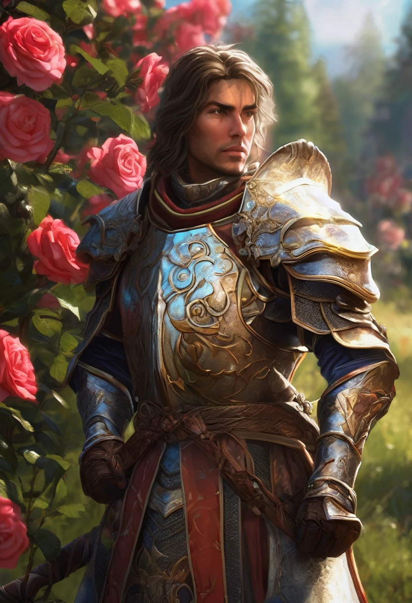 Original character, fantasy concept art, volumetric lighting, better shadows, Shallow depth of field, Portrait of the noble knight, dignified, Delicate tactical heavy armor, Opaque Visor, Face armor, walking sticks, Tasset belt, gauntle, poleyn, High quality armor texture, broadshouldered, Extremely high. Sword Sheath, standing, crossed arms, looking ahead at viewer, bright sunlight, Roses garden, Rose Hawthorn, (highest quallity, Incredible details:1.25), (standing alone:1.3), Brightly Colored Paintings