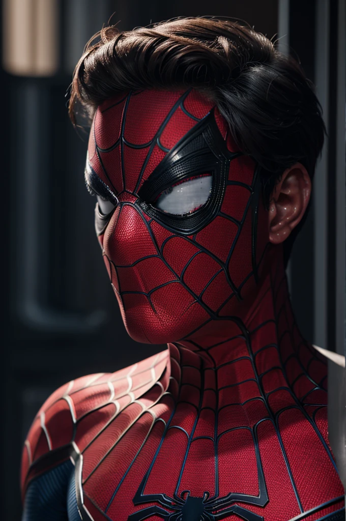 A photograph of Spider-Man., sin mascara, the 20s, elegant, detailed face, looking to the camera, portrait, 8k hd, high quality
