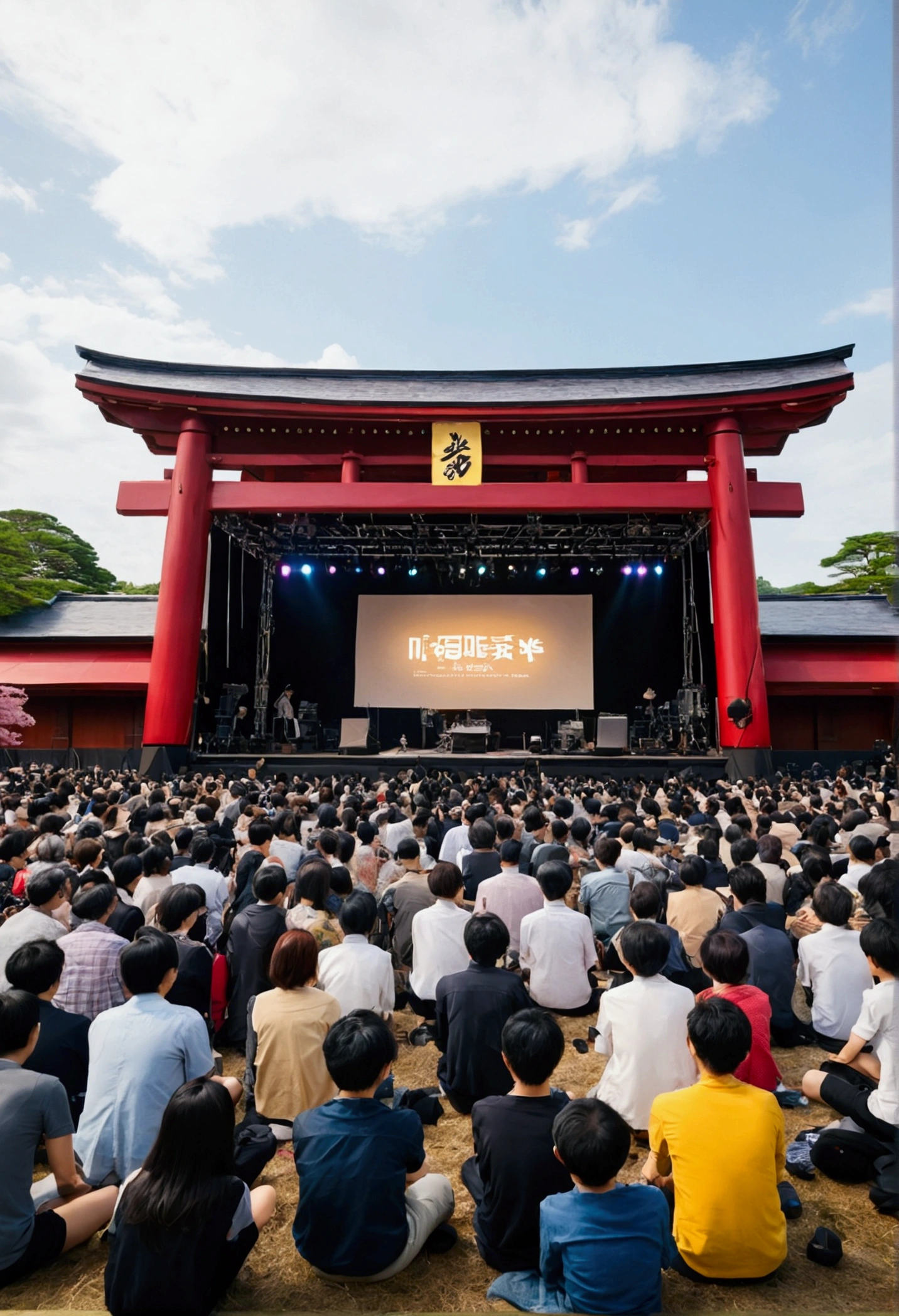 Japan、Festivals、wooden、stage、Big drum、kitsch、high tech、distinct、Cinematic、Anime influences、ultra modern、Sharp Focus、landscape、front