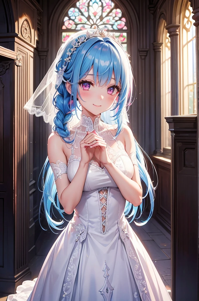 Sky Blue Medium Hair, (Braided Hair),(Pink Eyes),Fair skin ,(whole body),(1 girl),bride,smile、Straight bangs, 6月のbride,Wedding dress,(masterpiece, Highest quality, Very detailed, Best Shadow), (Detailed Background), (Beautifully detailed face), High Contrast, (Best lighting, Very delicate and beautiful), ((Cinematic Light)), colorful, Hyper Detail, Dramatic Light, Intricate details,Wedding hall,
