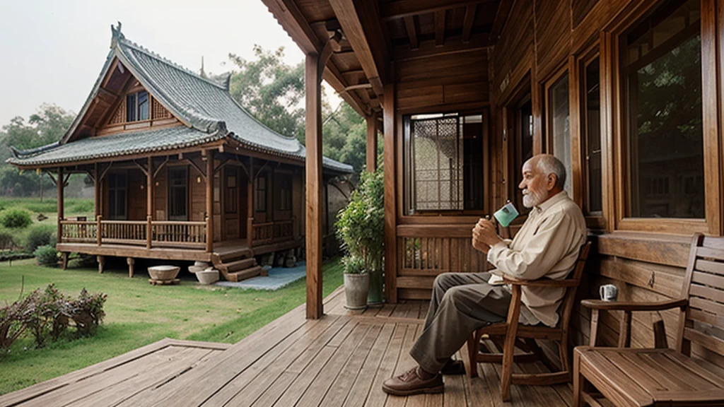 Draw a picture of the old man sitting and drinking tea on the porch of a wooden house, China's Tang Dynasty, next to the river, Photorealistic photos, High definition,