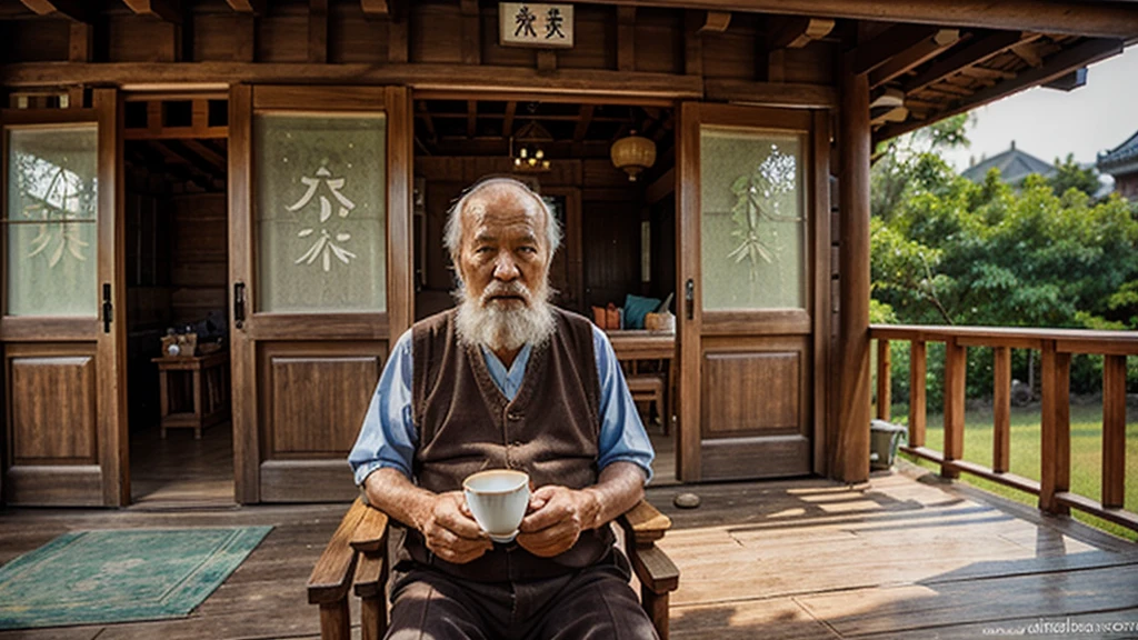 Draw a picture of the old man sitting and drinking tea on the porch of a wooden house, China&#39;s Tang Dynasty, next to the river, Photorealistic photos, High definition,