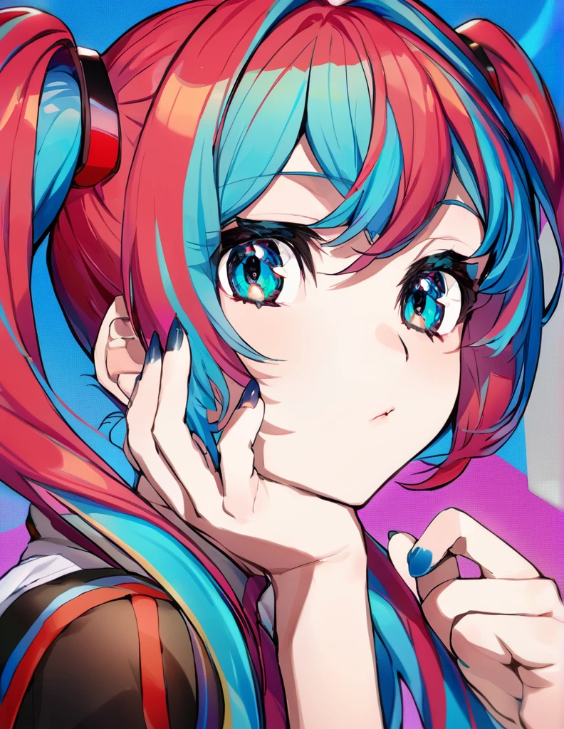 masterpiece, best quality, hstsune miku, solo, blue nails, looking at viewer, bangs, blue eyes, long hair, nail polish, blue hair, hand up, closed mouth, portrait, colorful, creative background, accurate hair, upper body, fingernails, detailed, two pig tails, vocaloid hatsune miku