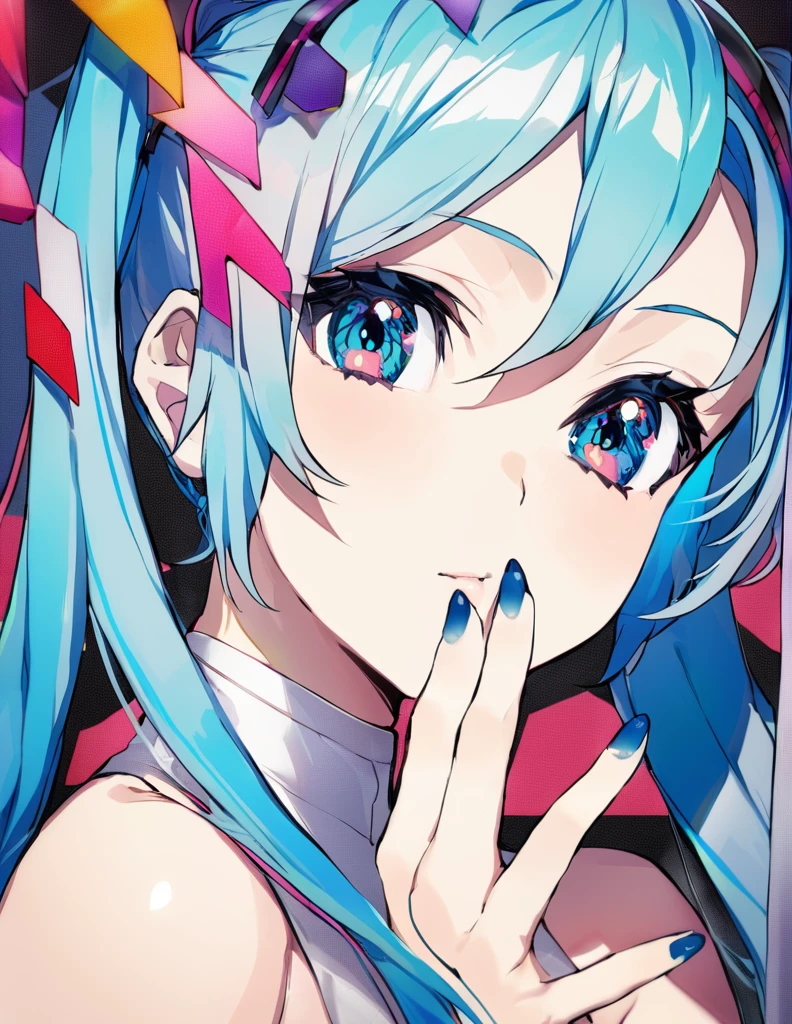 masterpiece, best quality, hstsune miku, solo, blue nails, looking at viewer, bangs, blue eyes, long hair, nail polish, blue hair, hand up, closed mouth, portrait, colorful, creative background, accurate hair, upper body, fingernails, detailed, two pig tails, vocaloid hatsune miku