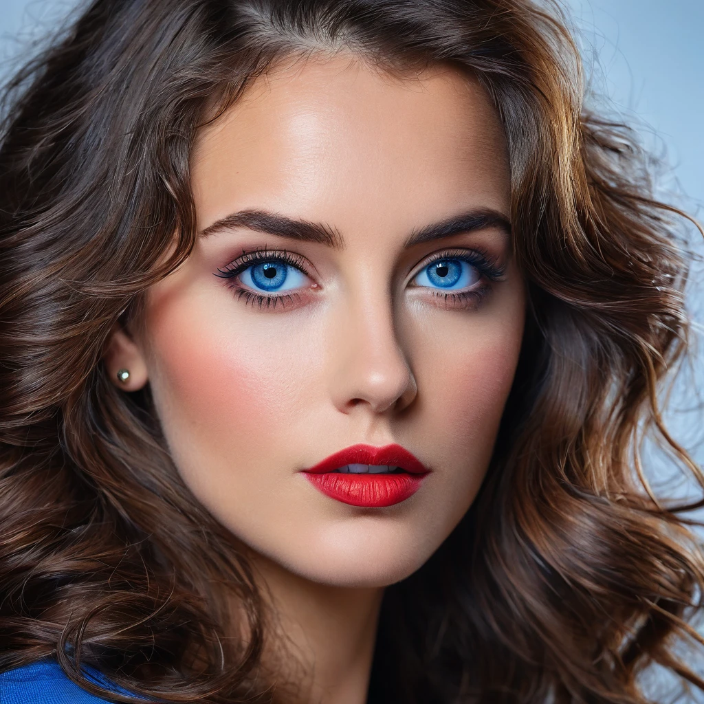 ultra réaliste, portrait, femme brune, yeux bleu profond, regard perçant, cheveux longs, ondulés, rouge a lèvres, maquill age professionnel, boucle d'oreilles, regarde le spectateur