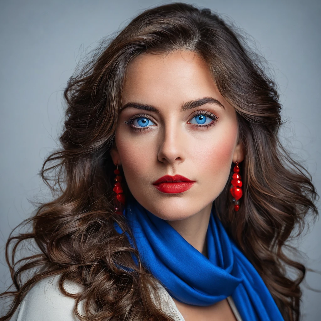 ultra réaliste, portrait, femme brune, yeux bleu profond, regard perçant, cheveux longs, ondulés, rouge a lèvres, maquill age professionnel, boucle d'oreilles, regarde le spectateur