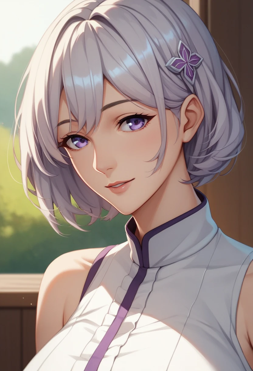 (masterpiece, best quality:1.2)((silver white hair))((violet eyes)),solo,1girl,((eyes tilted outwards)), ((close up photo)), foxgirl, mature_female, milf,averting_eyes,hair_between_eyes,basic_blue_hairpin,short_hair, bob_hair, violet_miko_clothing, sleeveless_shirt, puffy_sleeves, pleated_skirt