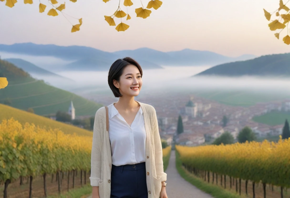 8k best picture quality, Beautiful 36-year-old Korean woman, Chest size 34 inches, Early autumn dawn in northern Italy, View of the cathedral next to the vineyards, The back background is realistic and vivid quality., short medium hair, white shirt and cardigan, Wear casual pants, Smile slightly. the background is clear, look up to the side. ginkgo tree street, Looking at vineyards covered in thick fog from a hillside road