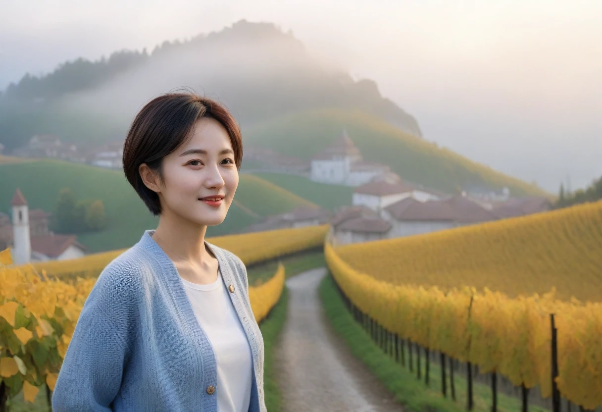 8k best picture quality, Beautiful 36-year-old Korean woman, Chest size 34 inches, Early autumn dawn in northern Italy, View of the cathedral next to the vineyards, The back background is realistic and vivid quality., short medium hair, white shirt and cardigan, Wear casual pants, Smile slightly. the background is clear, look up to the side. ginkgo tree street, Looking at vineyards covered in thick fog from a hillside road