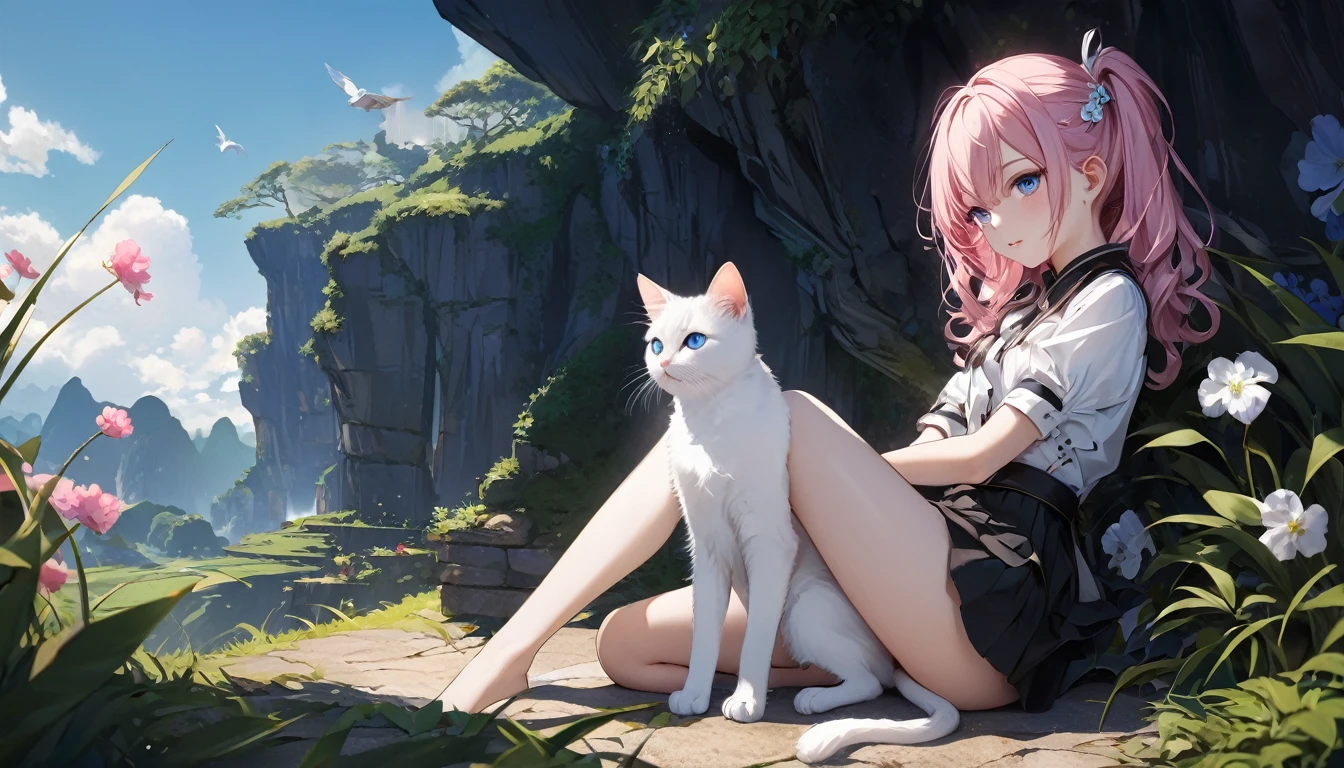 (8k、RAW Photos、Highest quality、look up:1.2、masterpiece:1.2、Genuineistic、Ultra-high resolution、High Contrast、Photon Mapping、Genuine、Very detailed、Official Art, RAW Photos、professional Lighting、 Light、Vivid atmosphere、twiceLight), (1 girl), (Full body portrait), (Portrait of a Girl), (like々Looks good),(Watery eyes), (Beautiful Face:1.3), (Perfect Proportions:1,2), (Thin legs), (Thin thighs), (Long legs:1.2), (delicate), (height: 150cm), (15 years old) , (Fair skin、White skin: 1.5), (Lightブラウンのポニーテール), (Pink hair clip), (One white kitten), In the distance, I see a girl and a kitten cuddling together., The girl and her kitten blend into the landscape., creator、He called out to the docile creatures, the girl and the kitten, "Go outside、With full force, Ringing the world's great gongs., and、The girl and the kitten follow orders、Escape from a safe hiding place、I headed to my favorite seed feeder.。Sneak into the nearest orchard、I nibbled on a lot of seeds..。One of the seeds、With a sLight tremor it fell onto small pebbles.、A roar that sounded like something from another world echoed throughout the place..。 A landscape painting of a girl and a kitten, Composition seen from a distance, beauty、Harmony、Tranquility、peace、Space high fantasy worldview, Beautiful depiction of grand composition and proportions, Guardian nebula of rainbow Light and silvery vapor, Corrosion Surrounding Ray Family Color, Slimy air, The world shines with kindness and joy., Epic story, beauty、Harmony、Tranquility、peace、Space high fantasy worldview, Beautiful depiction of grand composition and proportions, Guardian nebula of rainbow Light and silvery vapor, Corrosion Surrounding Ray Family Color, Slimy air, The world shines with kindness and joy., Epic story,Swordsman,Girl with a sword