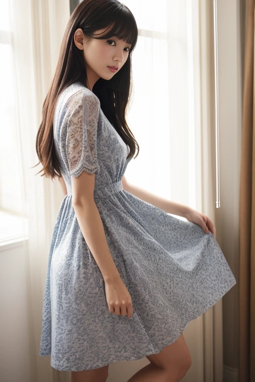 30-year-old woman、Slender、(A dress that doesn't expose your back、Long dress、Long Length、Plain dress、Simple dress、Beige dressを着ている:1.5),(Lace underwear shows through、The line of the panties shows through:1.2),(Green underwear)、(Back view、forward leaning posture、Picking up something:1.52),Long Hair、Brown Hair、cute、Beauty、(Back view:1.6)、(high resolution、high quality、masterpiece、4K)、(Looking back、Picking up something、Stick your ass out、Beige dress:1.75)