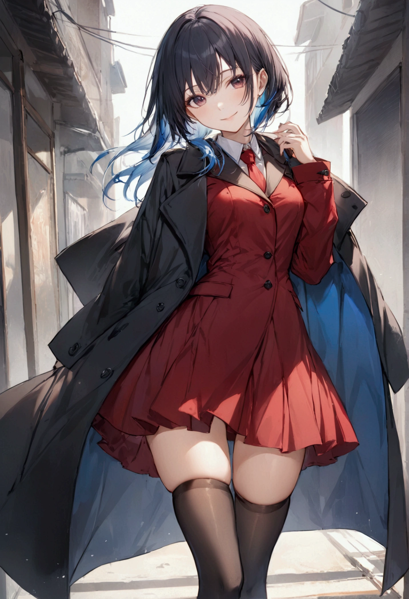 (Masterpiece, best quality:1.2), cowboy shoot, alone, 1 girl, Ayanokōji Rem, smile, look at viewer, long sleeve, overcoat, red skirt, thigh high