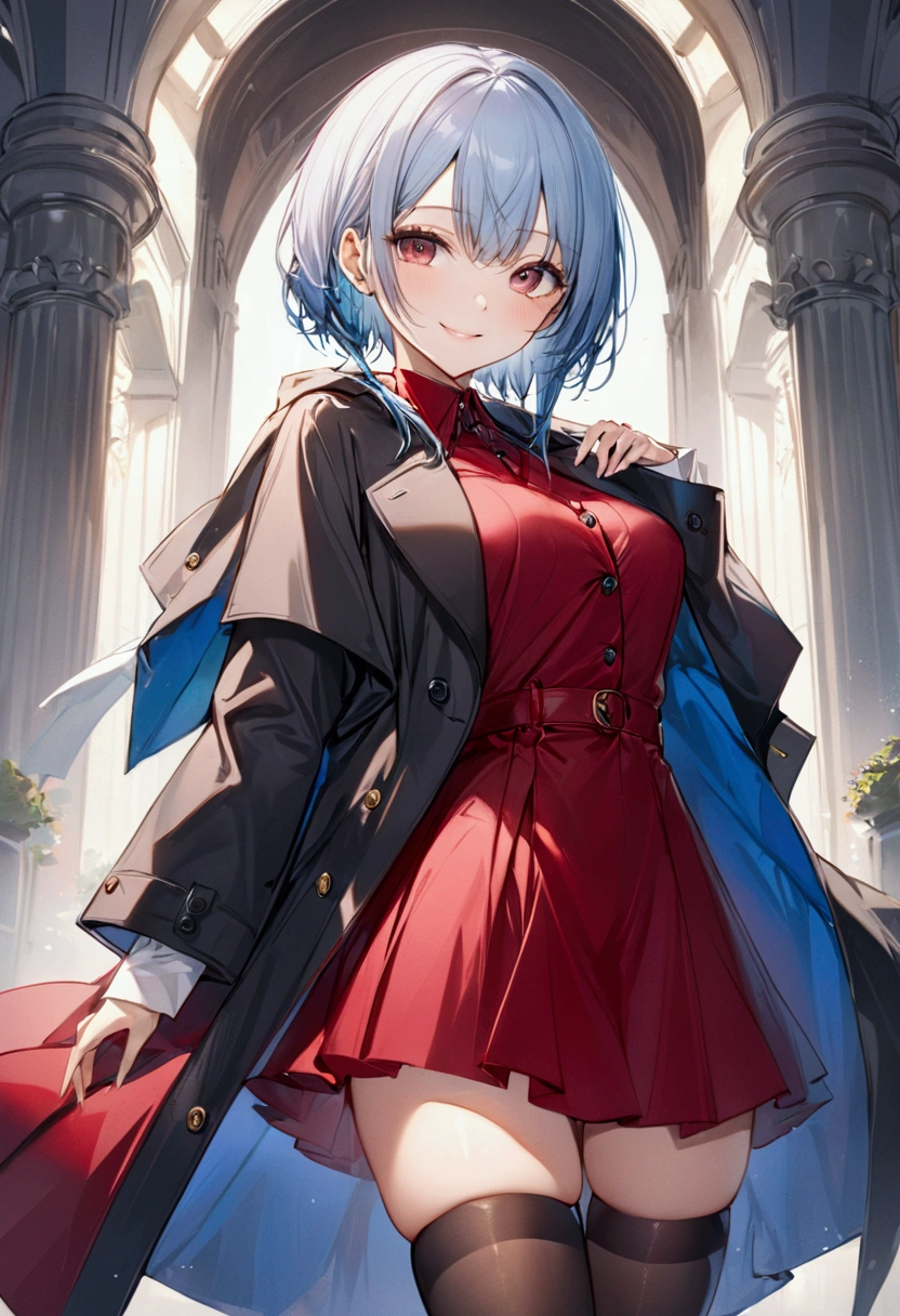 (Masterpiece, best quality:1.2), cowboy shoot, alone, 1 girl, Ayanokōji Rem, smile, look at viewer, long sleeve, overcoat, red skirt, thigh high