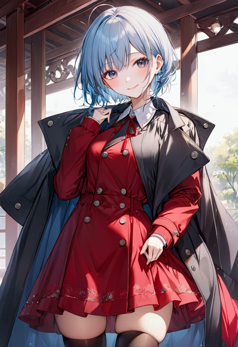 (Masterpiece, best quality:1.2), cowboy shoot, alone, 1 girl, Ayanokōji Rem, smile, look at viewer, long sleeve, overcoat, red skirt, thigh high