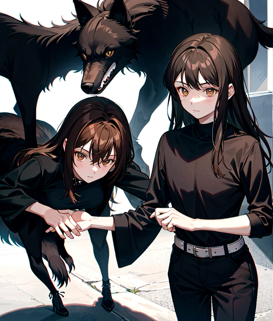 A young man in the shape of a black wolf and a girl with brown hair and brown eyes together
