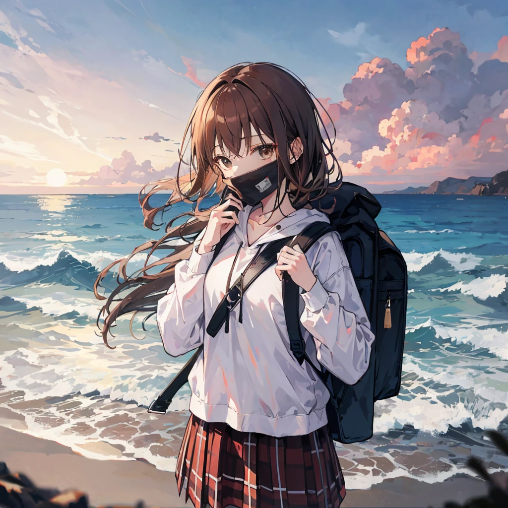 dusk，Brown hair girl，Wearing a white shirt and plaid skirt，The hood covered her face，She carries a backpack on one shoulder，A guitar on one shoulder，Facing the sea。