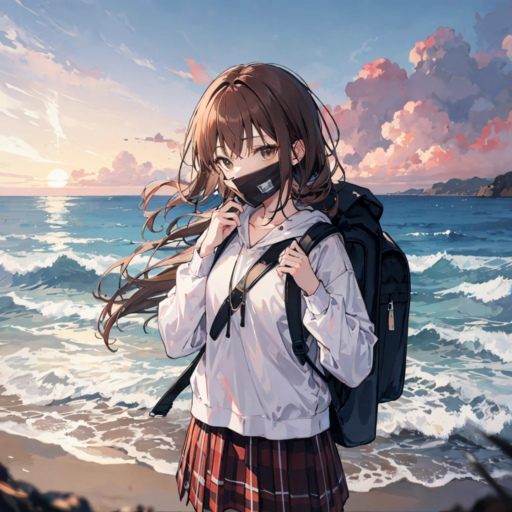 dusk,Brown hair girl,Wearing a white shirt and plaid skirt,The hood covered her face,She carries a backpack on one shoulder,A guitar on one shoulder,Facing the sea。
