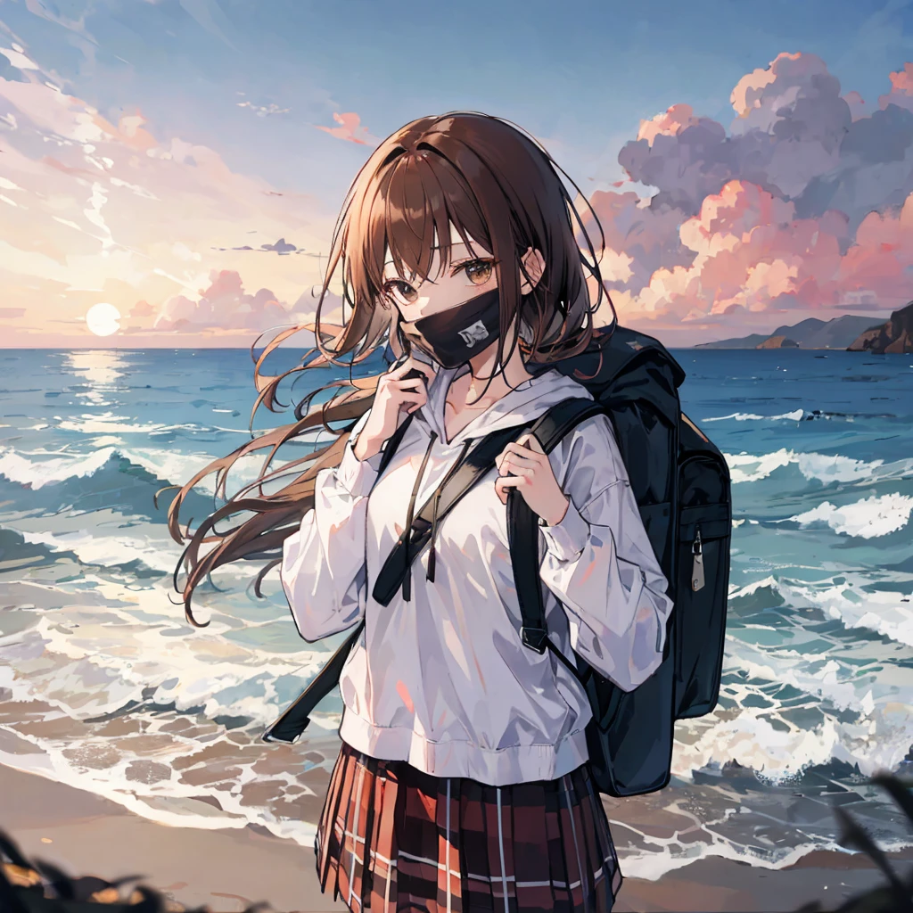 dusk，Brown hair girl，Wearing a white shirt and plaid skirt，The hood covered her face，She carries a backpack on one shoulder，A guitar on one shoulder，Facing the sea。