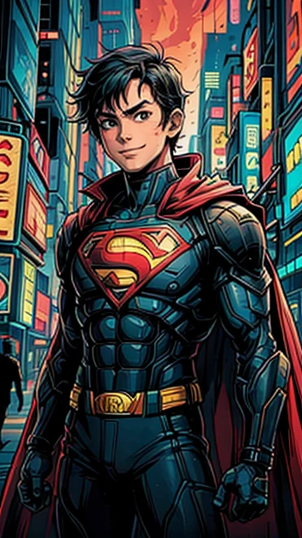 (8k),(masterpiece),(Japanese),(13-year-old boy),((innocent look)),((Childish)),From the front,Cowboy shot, upper body, smile,cute,Innocent,Kind eyes,Flat chest, DC Superman superhero, red cape, short,Hair blowing in the wind, Black Hair,Strong wind,midnight,dark, pitch black, Neon light Cyberpunk Style Metropolis City,