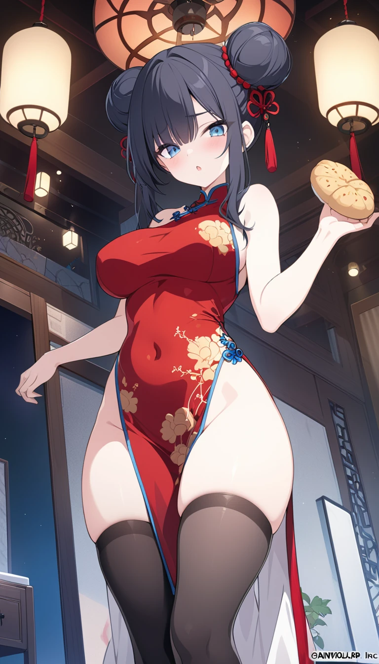(masterpiece, best quality), 1girl, kisaki, grey eyes, black hair, hair bun, double bun, twintails, butterfly hair ornament, halo, huge breasts, side boob, see through china dress, black dress, sleeveless, dragon print, gloves, closed mouth, solo, cowboy shot, night sky, beach, hands on belly, contrapposto, spread armpits, looking at viewer, best quality, smile, pregnant, fullbody, stoic expression, office building, indoors, office, thigh gap