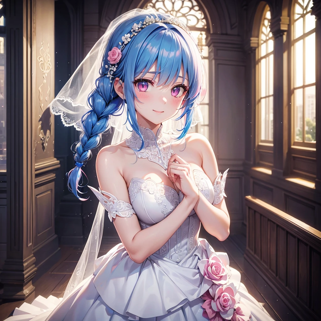 Sky Blue Medium Hair, (Braided Hair),(Pink Eyes),Fair skin ,(whole body),(1 girl),bride,smile、Straight bangs, 6月のbride,Wedding dress,(masterpiece, Highest quality, Very detailed, Best Shadow), (Detailed Background), (Beautifully detailed face), High Contrast, (Best lighting, Very delicate and beautiful), ((Cinematic Light)), colorful, Hyper Detail, Dramatic Light, Intricate details,Wedding hall,