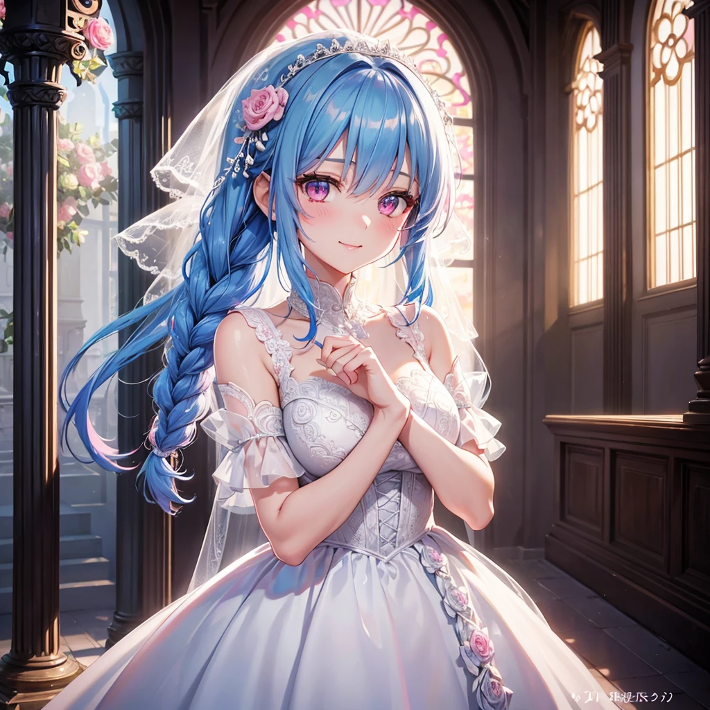 Sky Blue Medium Hair, (Braided Hair),(Pink Eyes),Fair skin ,(whole body),(1 girl),bride,smile、Straight bangs, 6月のbride,Wedding dress,(masterpiece, Highest quality, Very detailed, Best Shadow), (Detailed Background), (Beautifully detailed face), High Contrast, (Best lighting, Very delicate and beautiful), ((Cinematic Light)), colorful, Hyper Detail, Dramatic Light, Intricate details,Wedding hall,