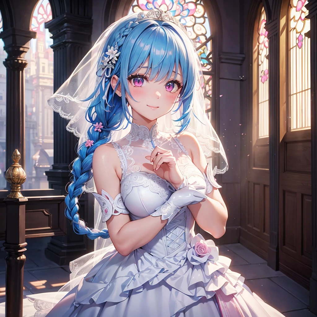 Sky Blue Medium Hair, (Braided Hair),(Pink Eyes),Fair skin ,(whole body),(1 girl),bride,smile、Straight bangs, 6月のbride,Wedding dress,(masterpiece, Highest quality, Very detailed, Best Shadow), (Detailed Background), (Beautifully detailed face), High Contrast, (Best lighting, Very delicate and beautiful), ((Cinematic Light)), colorful, Hyper Detail, Dramatic Light, Intricate details,Wedding hall,