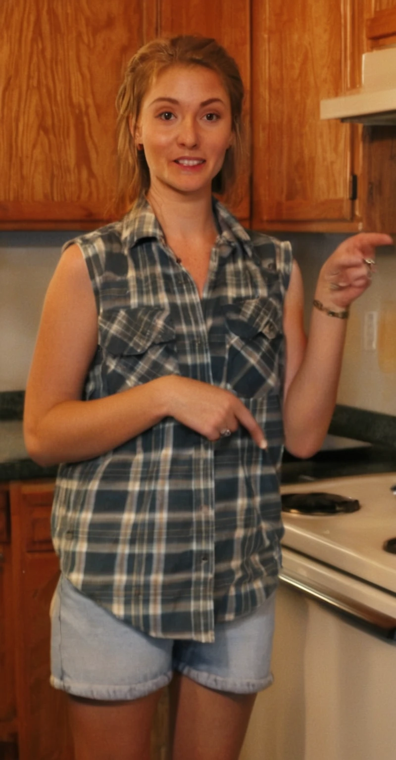 woman in plaid shirt pointing at something in kitchen with wooden cabinets, wearing plaid shirt, wearing a plaid shirt, wearing a flannel shirt, flannel, vest, wearing a vest, with hands in pockets, cooking it up, full body close-up shot, mid 2 0's female, plaid shirt, a broad shouldered, wide shot photo, slightly blurry