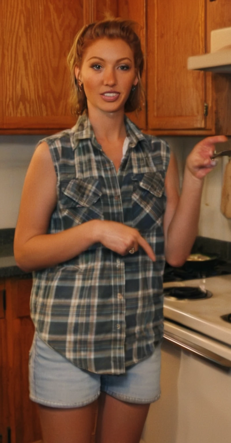 woman in plaid shirt pointing at something in kitchen with wooden cabinets, wearing plaid shirt, wearing a plaid shirt, wearing a flannel shirt, flannel, vest, wearing a vest, with hands in pockets, cooking it up, full body close-up shot, mid 2 0's female, plaid shirt, a broad shouldered, wide shot photo, slightly blurry