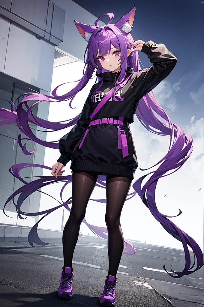 Girl VTuber with purple hair and standing straight from head to toe. Kemo ears.
