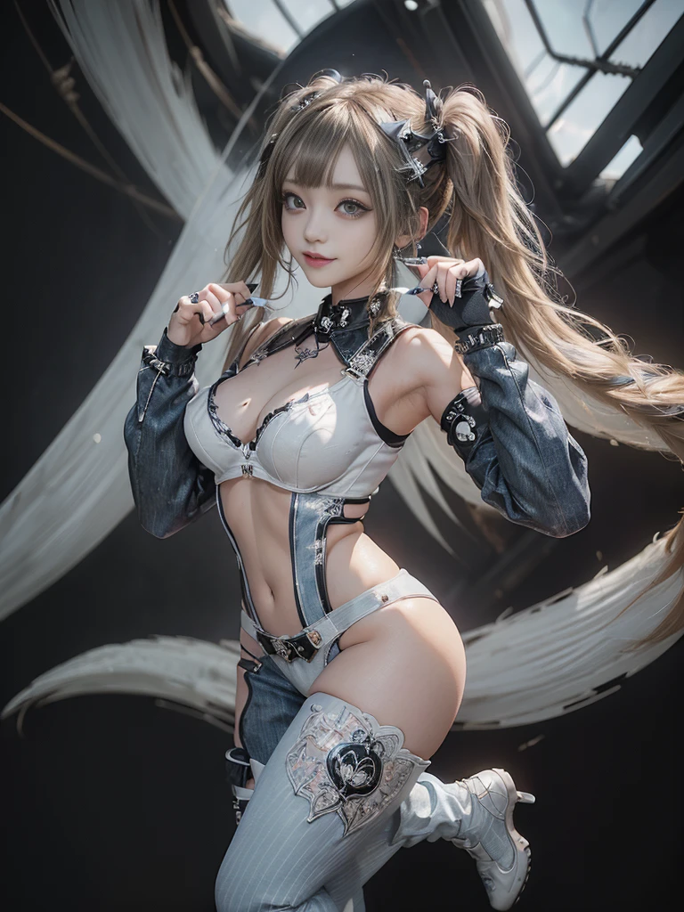 (Full Body View:1.2)、(Side view:1.2)、(Smiling with teeth showing:1.3),(Shibuya Gal:1.5)、(Gothic ta style fashion:1.5)、(Punk RockVisual Kei:1.5)、(Wearing a rhythmic gymnastics bodysuit with intricate details:1.4)、(Racing suit and pants with delicate decorations in white, denim and charcoal:1.5)、(Denim and light blue and white boots:1.3)、((belt))、(Numerous delicate logo marks all over the costume:1.4)、(collar:1.3)、(Striped underwear:1.5)、20-year-old、NSFW、((Highest quality、In 8K、masterpiece:1.3))、Sharp focus:1.2、(Layered Cut、Huge boobs:1.1),Beautiful woman with perfect figure:1.4、(Doing an aerobics pose:1.3)、Slender Abs:1.2、Highly detailed face and skin texture、Detailed eyes、double eyelid,(Twin tails:1.3)、(Brown-golden hair:1.3)、Gravure idol、(The background is a beautiful crystal underground palace:1.3)、(Slim Body:1.3),(Make your legs thinner:1.4),(Thin thighs:1.1)、（clavicle:1.1）