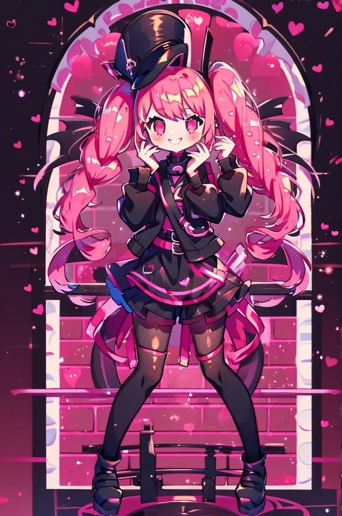 Cute, 1girl, pink hair twintails, black jacket, black tight shorts, see through pantyhose, smile, pink eyes with heart in it, music