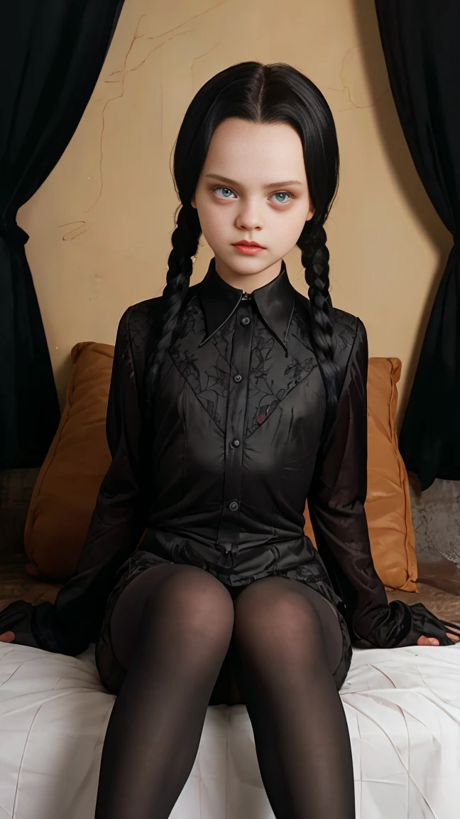 Wednesday Addams ,11 years old,Sexy girl in black sexy lace lingerie with lace tights,pale skin