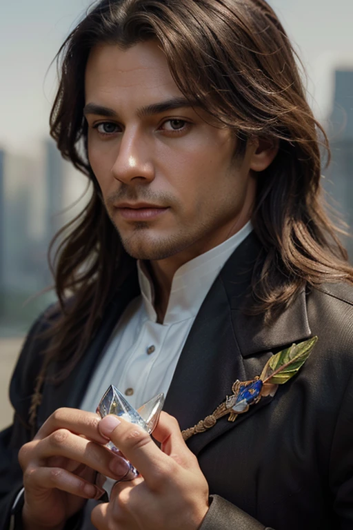 Close-up portrait of a handsome man (SCS MAN), difficult, elegant, very detailed, digital painting, ArtStation, conceptual art, smooth, Sharp Focus, illustration, art by Alphonse Mucha, ((crystal in hands))