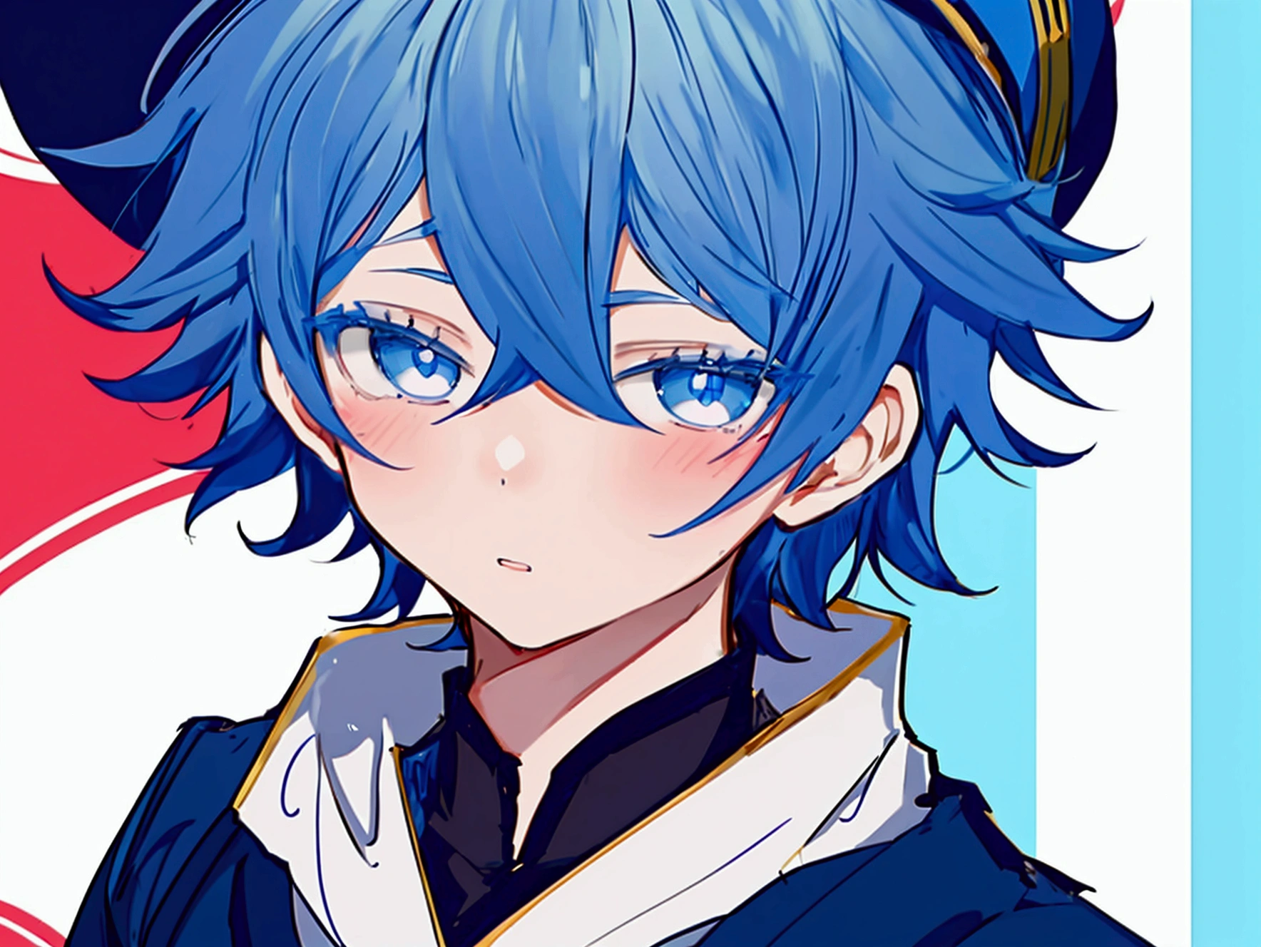 impatient face、Cheeks turn red.、Wore a suit、Ahoge、alone、He is wearing a little blue hat、Highly complete face、live broadcast host, short navy hair、young anime man, Animation Moe Artstyle, inspired by Okumura Masanobu, inspired by Okumura Togyu