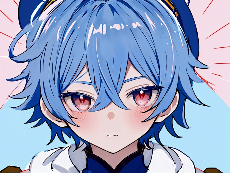 impatient face、Cheeks turn red.、Wore a suit、Ahoge、alone、He is wearing a little blue hat、Highly complete face、live broadcast host, short navy hair、young anime man, Animation Moe Artstyle, inspired by Okumura Masanobu, inspired by Okumura Togyu