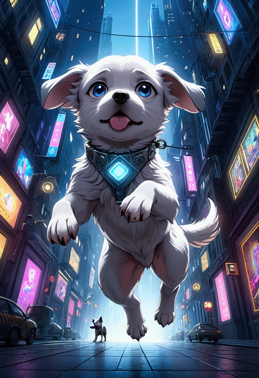 (Flying Puppy), city, in the style of neonpunk, (light indigo and light silver), mood lighting, full body, award-winning, cinematic still, emotional, vignette, dynamic, vivid, (masterpiece, best quality, Professional, perfect composition, very aesthetic, absurdres, ultra-detailed, intricate details:1.3)
