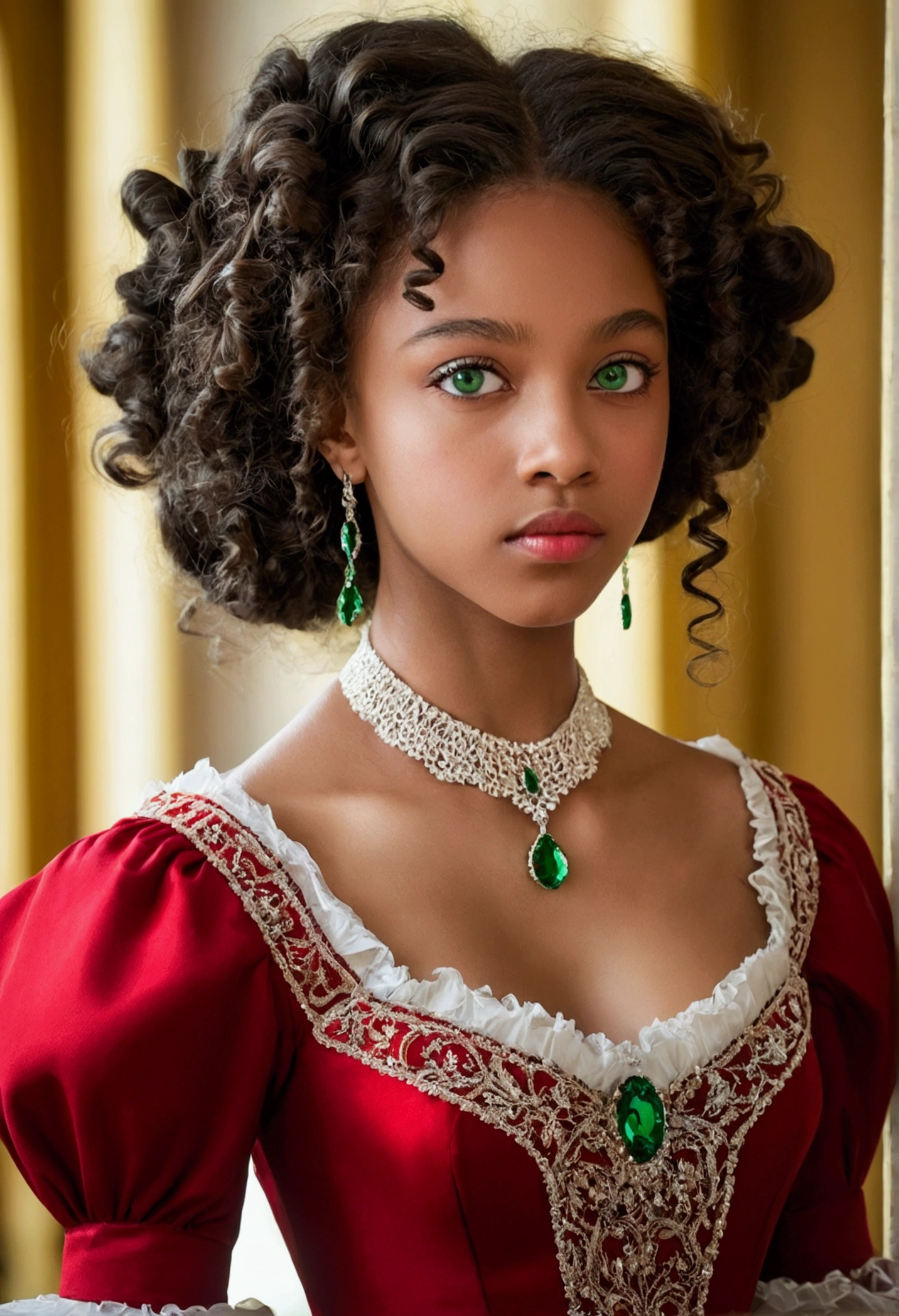 A girl, Wavy_hair, Afro_hair, negro_hair, long_hair, hits, beautiful_face, detailed_face, parts, Tilted_eyes, delgado_face, green_eyes, red_dress, Princess_dress, neckline, victorian_dress,