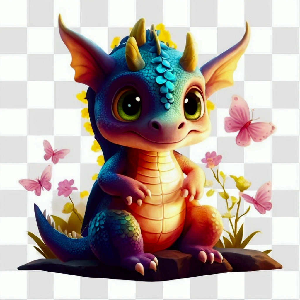 a cartoon dragon sitting on a rock with butterflies and flowers in the background, Cute little dragon, Detailed and cute digital art, very cute purple dragon, cute digital art, newborn dragon, cute colorful adorable, stuffed dragon, a beautiful blue dragon, dragon in the background, alebrijes aesthetic, cute woodland creature, adorable digital painting, High quality 8k detailed artwork