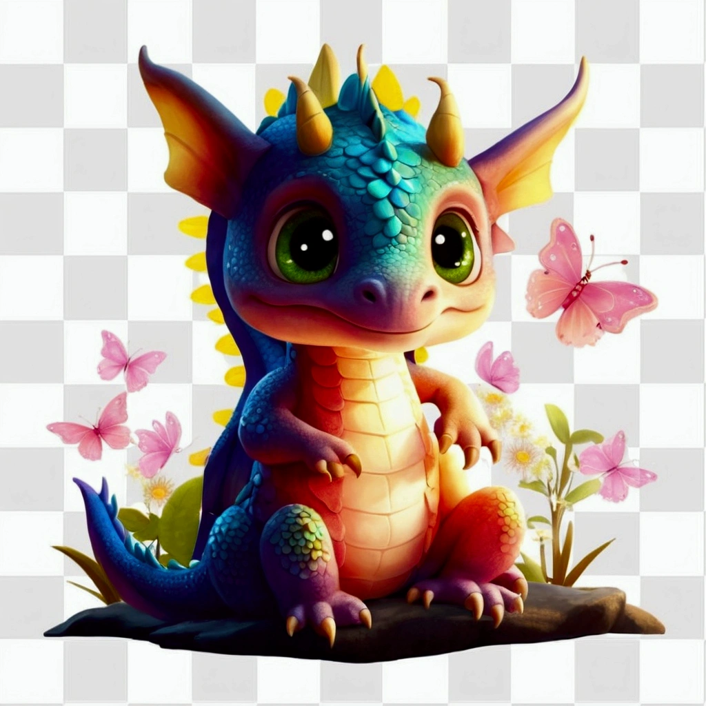 a cartoon dragon sitting on a rock with butterflies and flowers in the background, Cute little dragon, Detailed and cute digital art, very cute purple dragon, cute digital art, newborn dragon, cute colorful adorable, stuffed dragon, a beautiful blue dragon, dragon in the background, alebrijes aesthetic, cute woodland creature, adorable digital painting, High quality 8k detailed artwork