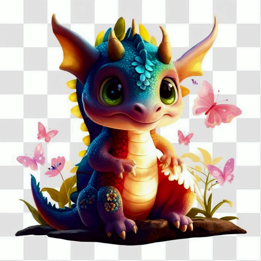 a cartoon dragon sitting on a rock with butterflies and flowers in the background, Cute little dragon, Detailed and cute digital art, very cute purple dragon, cute digital art, newborn dragon, cute colorful adorable, stuffed dragon, a beautiful blue dragon, dragon in the background, alebrijes aesthetic, cute woodland creature, adorable digital painting, High quality 8k detailed artwork