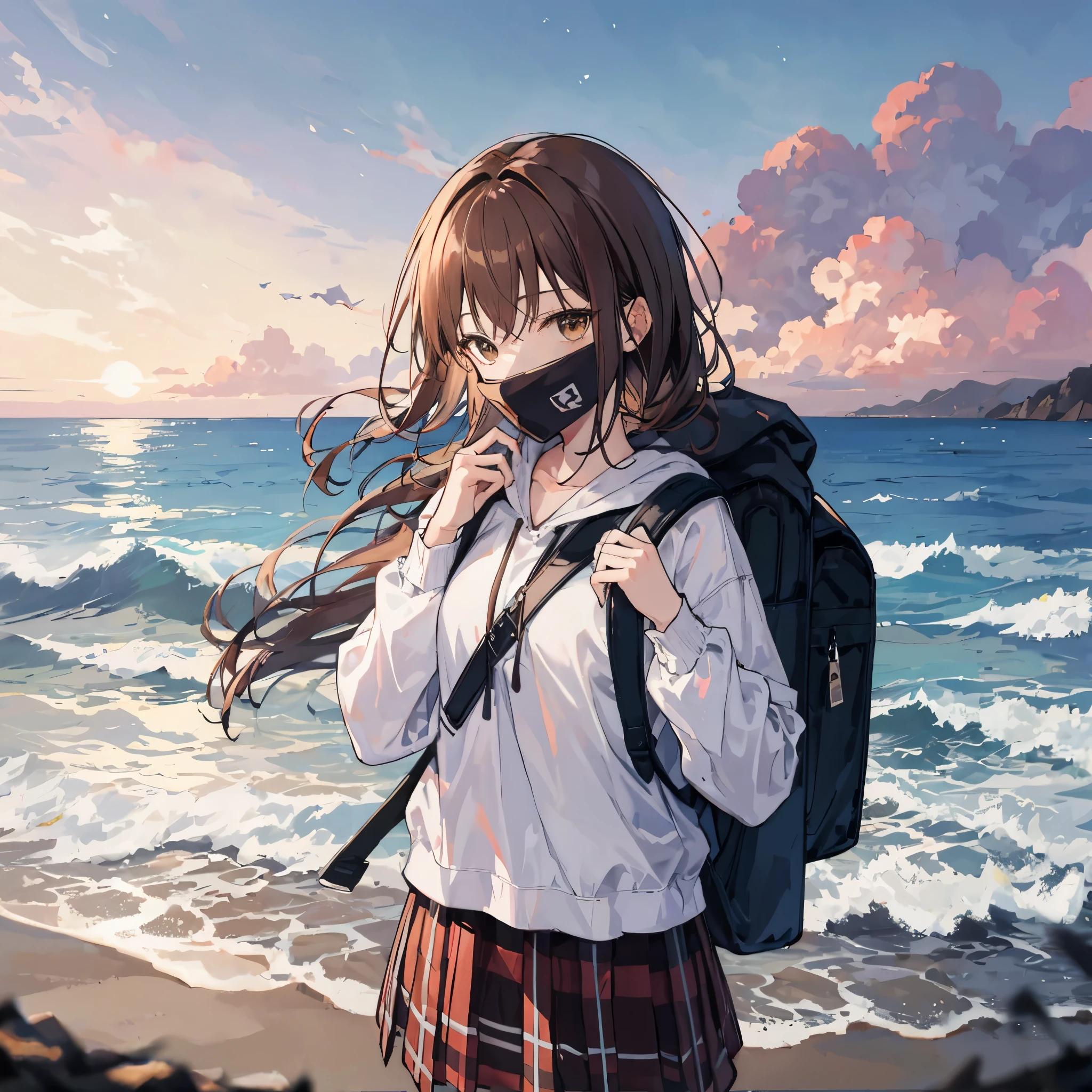 dusk,Brown hair girl,Wearing a white shirt and plaid skirt,The hood covered her face,She carries a backpack on one shoulder,A guitar on one shoulder,Facing the sea。