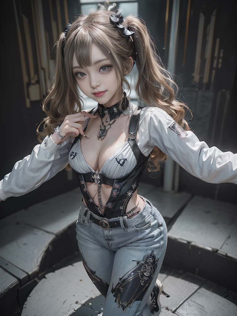 (Full Body View:1.2)、(Top view:1.2)、(Smiling with teeth showing:1.3),(Shibuya Gal:1.5)、(Gothic ta style fashion:1.5)、(Punk RockVisual Kei:1.5)、(Wearing a rhythmic gymnastics bodysuit with intricate details:1.4)、(Racing suit and pants with delicate decorations in white, denim and charcoal:1.5)、(Denim and light blue and white boots:1.3)、((belt))、(Numerous delicate logo marks all over the costume:1.4)、(collar:1.3)、(Striped underwear:1.5)、20-year-old、NSFW、((Highest quality、In 8K、masterpiece:1.3))、Sharp focus:1.2、(Layered Cut、Huge boobs:1.1),Beautiful woman with perfect figure:1.4、(Doing an aerobics pose:1.3)、Slender Abs:1.2、Highly detailed face and skin texture、Detailed eyes、double eyelid,(Twin tails:1.3)、(Brown-golden hair:1.3)、Gravure idol、(The background is a beautiful crystal underground palace:1.3)、(Slim Body:1.3),(Make your legs thinner:1.4),(Thin thighs:1.1)、(clavicle:1.1)