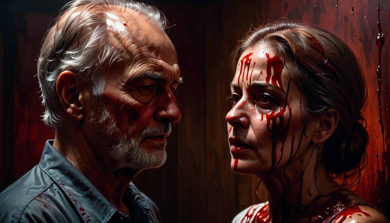 a old man serial killer, murdered wife, face covered in blood, oil painting, reddish tones, chiaroscuro lighting, dramatic moody atmosphere, cinematic composition, masterpiece, ultra-detailed, photorealistic, 8k, best quality