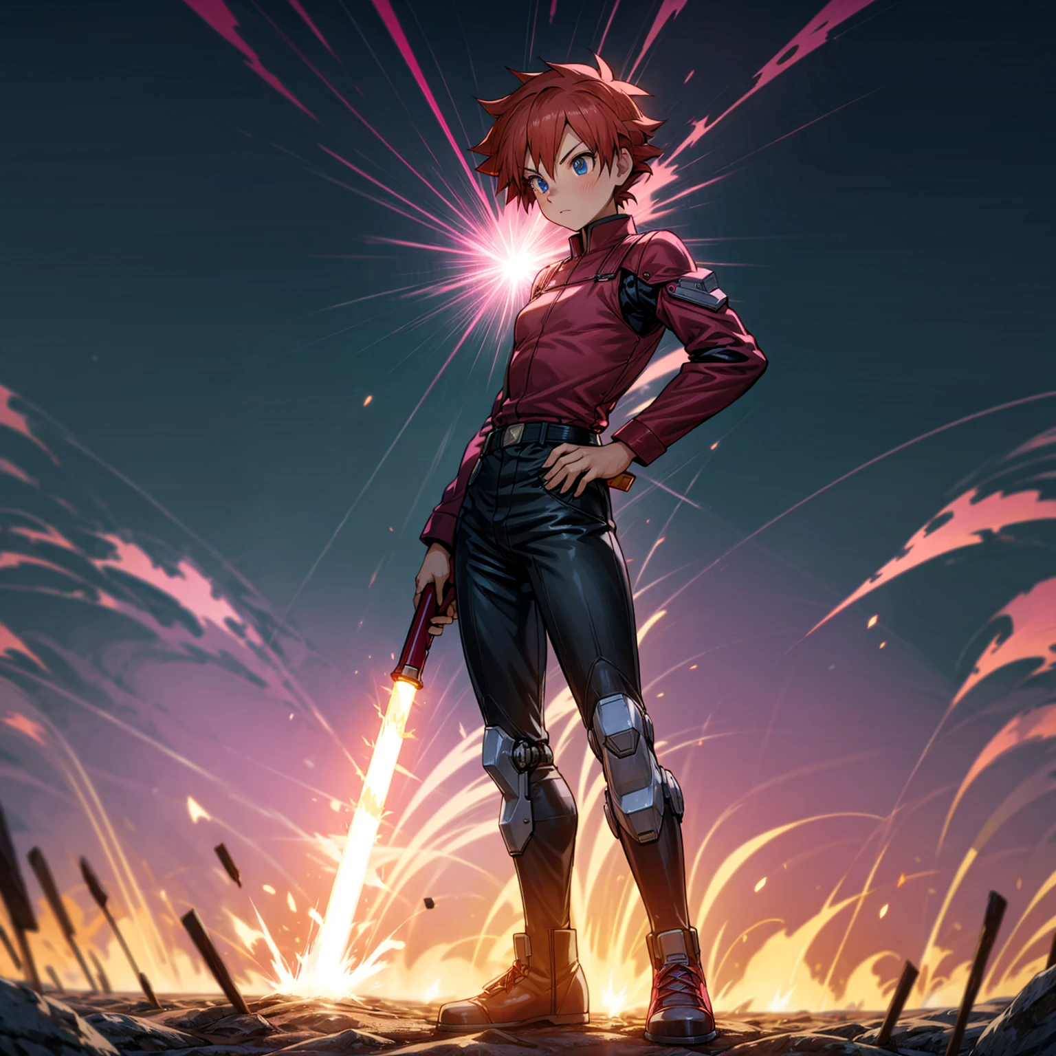 1boy, muscle, Full body version, 1character, blue eyes, short haircut, magenta color hair, Farmer style outfit, Boots, Grassroots, full background in field, motion blur, lighting, (Hunter x Hunter style art), big shotgun in hand, big weapon in hand, robot Shield in hand, smoke effect, fire effect, lighting on gun, plasma effect, Pupils face forward