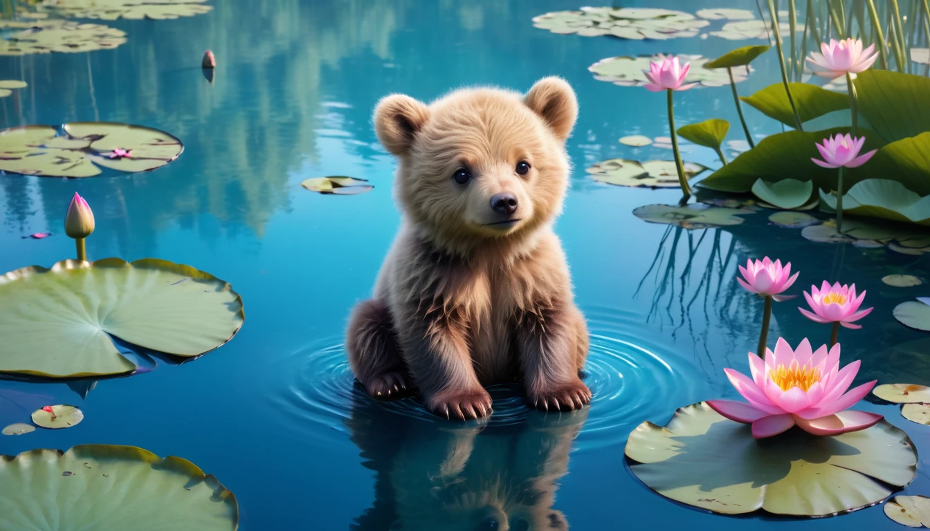 A little bear cub sits near a blue transparent lake in which water lilies float pink flowers 8k realistic