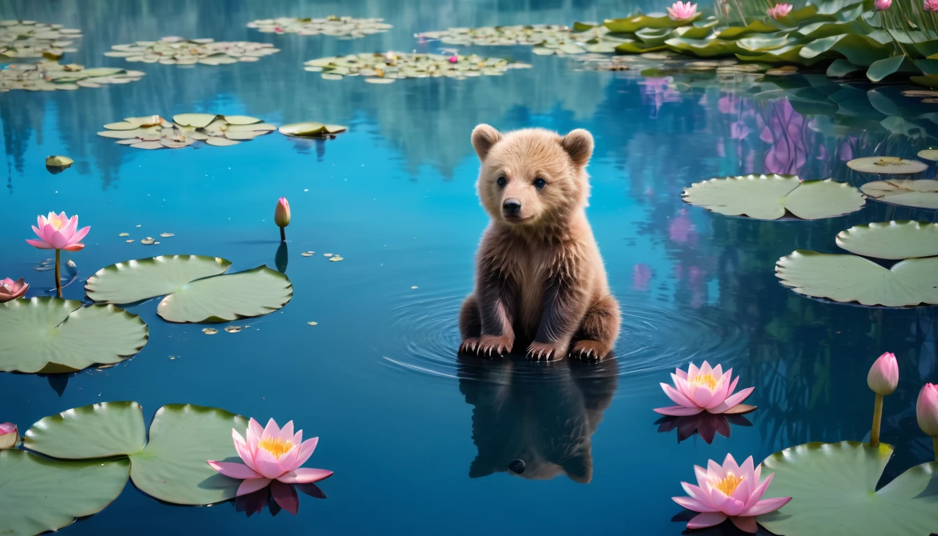 A little bear cub sits near a blue transparent lake in which water lilies float pink flowers 8k realistic