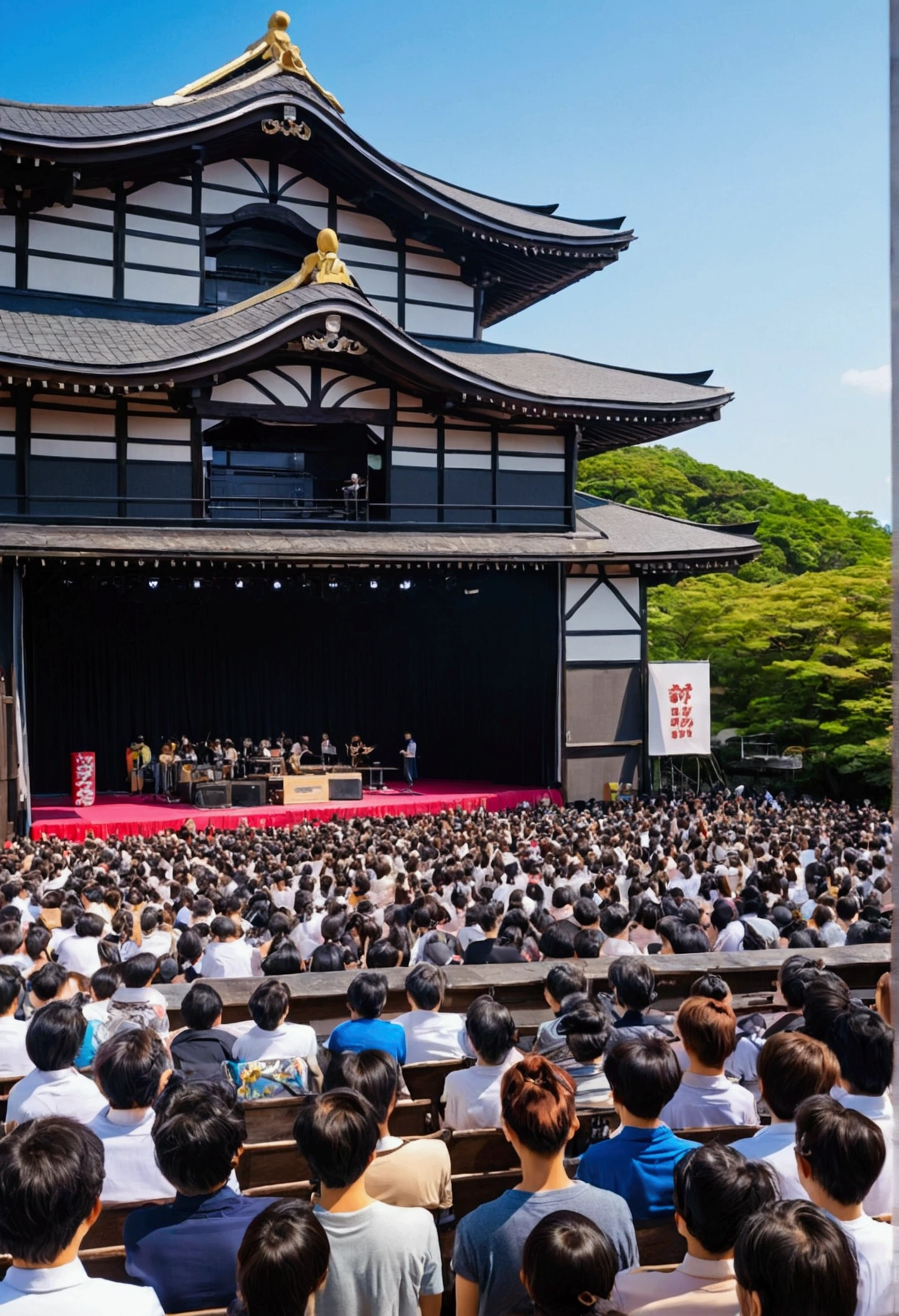 Japan、Festivals、wooden、Two-storey stage、A big drum on the stage、kitsch、high tech、distinct、Cinematic、Anime influences、ultra modern、Sharp Focus、landscape、front、No spectators