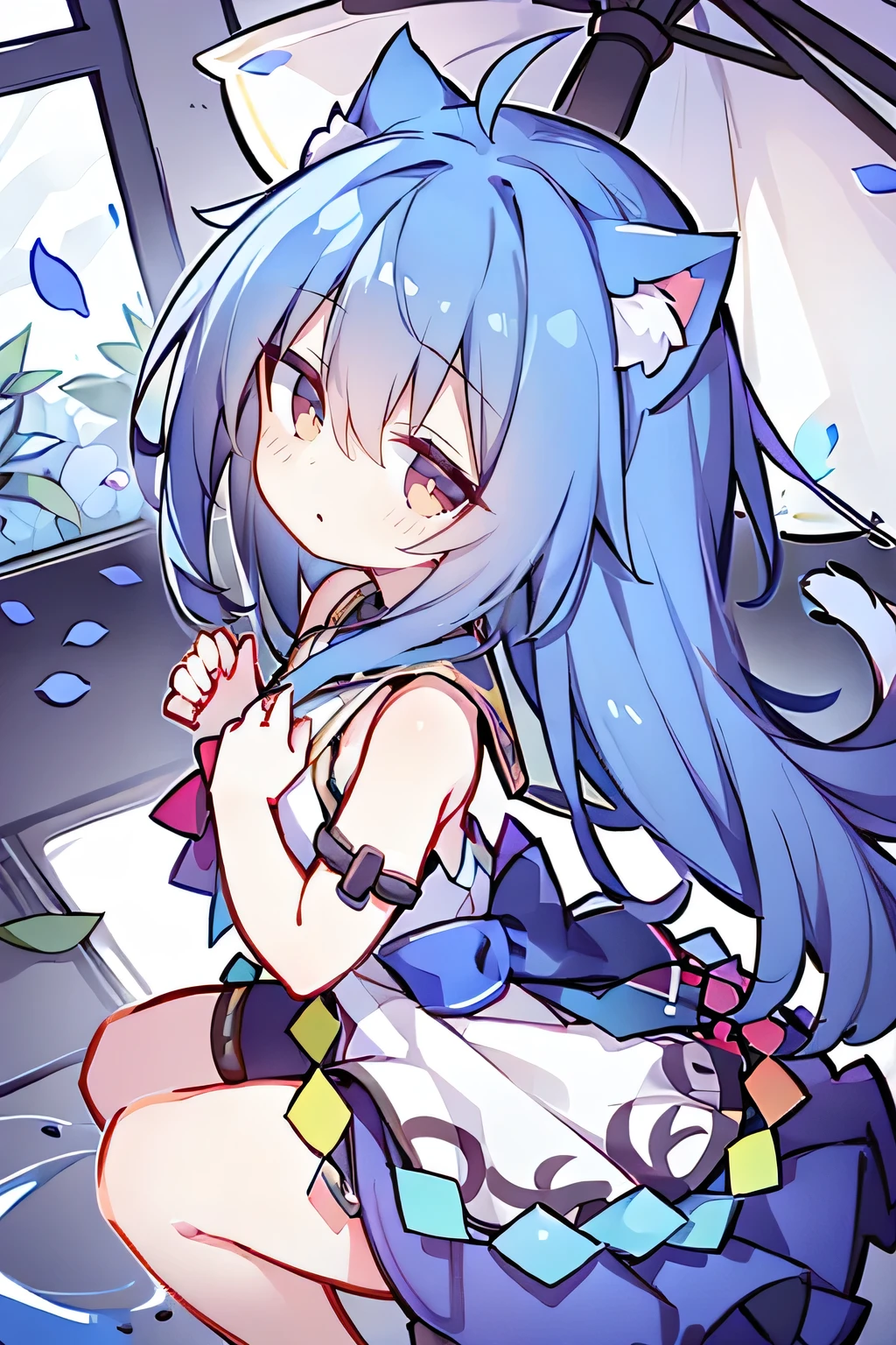 (masterpiece:1.2),Super detailed,lifelike,Expressive eyes,fair skin,perfect face shape,1 girl,
Japanese comics,Gorgeous blue hair,flowing blue hair,flowing clothes,Cat ears,Petals fall,beautiful lola,Baby Angel,
Shaking head with one hand,Cross your legs,,The pavilion is cool and comfortable,smile,back views,sunrise,Petals fall