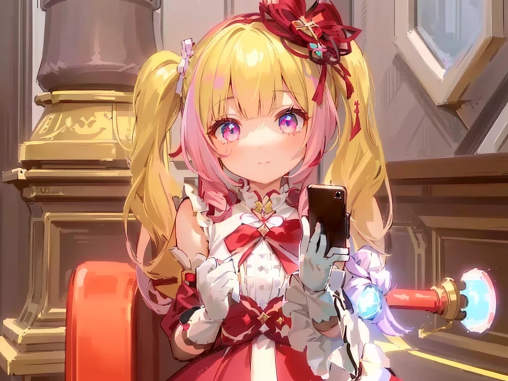 a close up of a person in a dress holding a cell phone, , twintails white_gloves, lalafell, pink twintail hair and cyan eyes, holding a pudica pose, small girl, , ayaka genshin impact, shalltear bloodfallen, ayaka game genshin impact